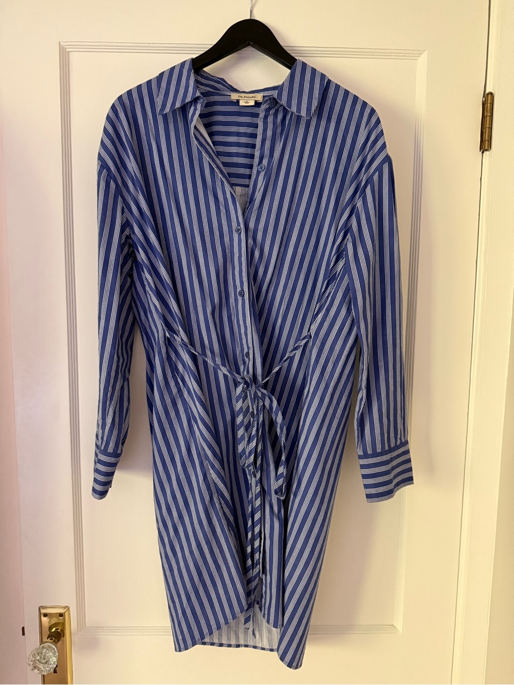 Blue Striped Long-Sleeve Cotton Poplin Shirt Dress with Tie Waist